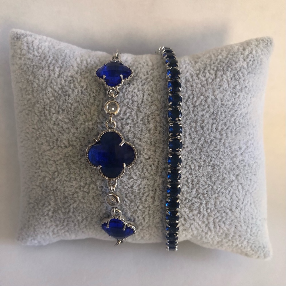 2 Bracelet Bundle: New Blue Clover Crystal Bracelet AND matching Tennis bracelet - Picture 2 of 4